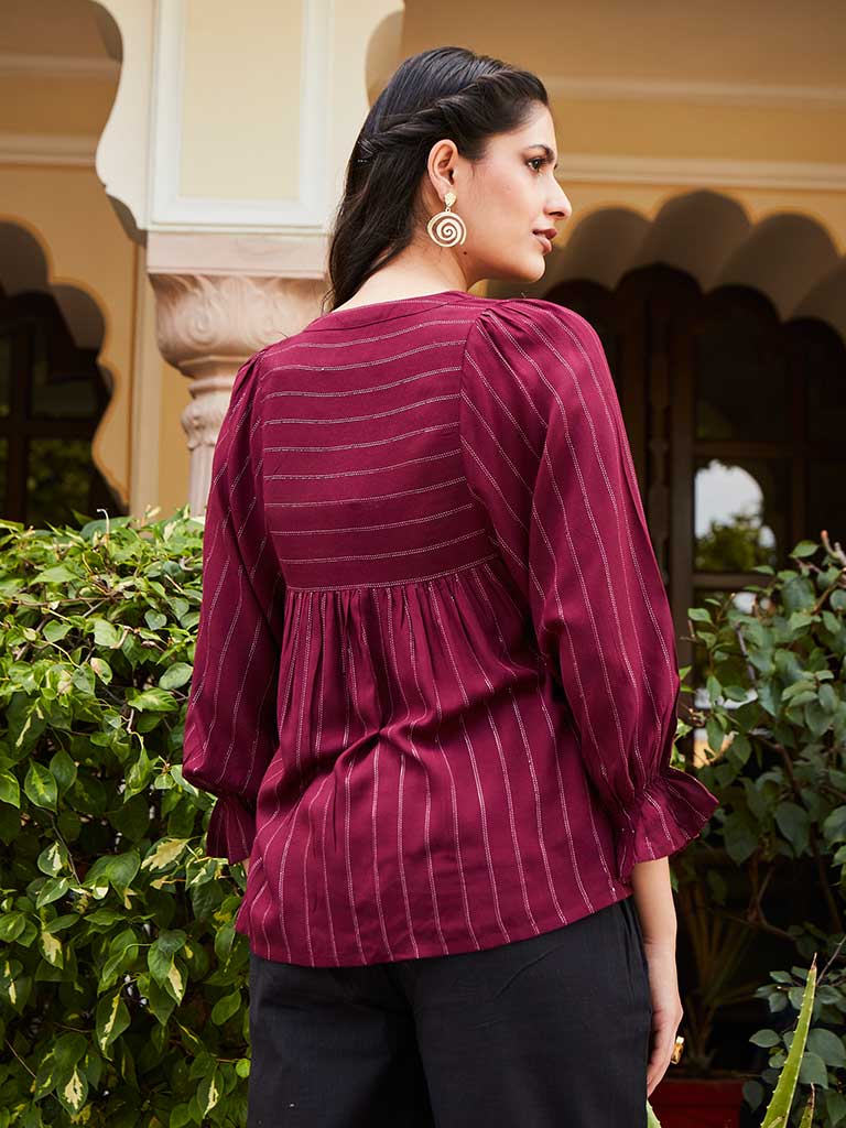 A Maroon Self Weave Rayon Lurex Gathered Top With Elasticated Gathered Sleeves