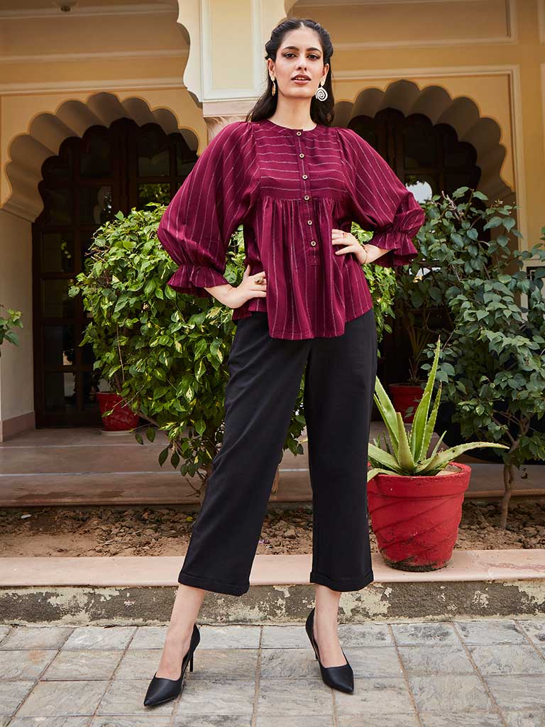 A Maroon Self Weave Rayon Lurex Gathered Top With Elasticated Gathered Sleeves