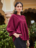 A Maroon Self Weave Rayon Lurex Gathered Top With Elasticated Gathered Sleeves