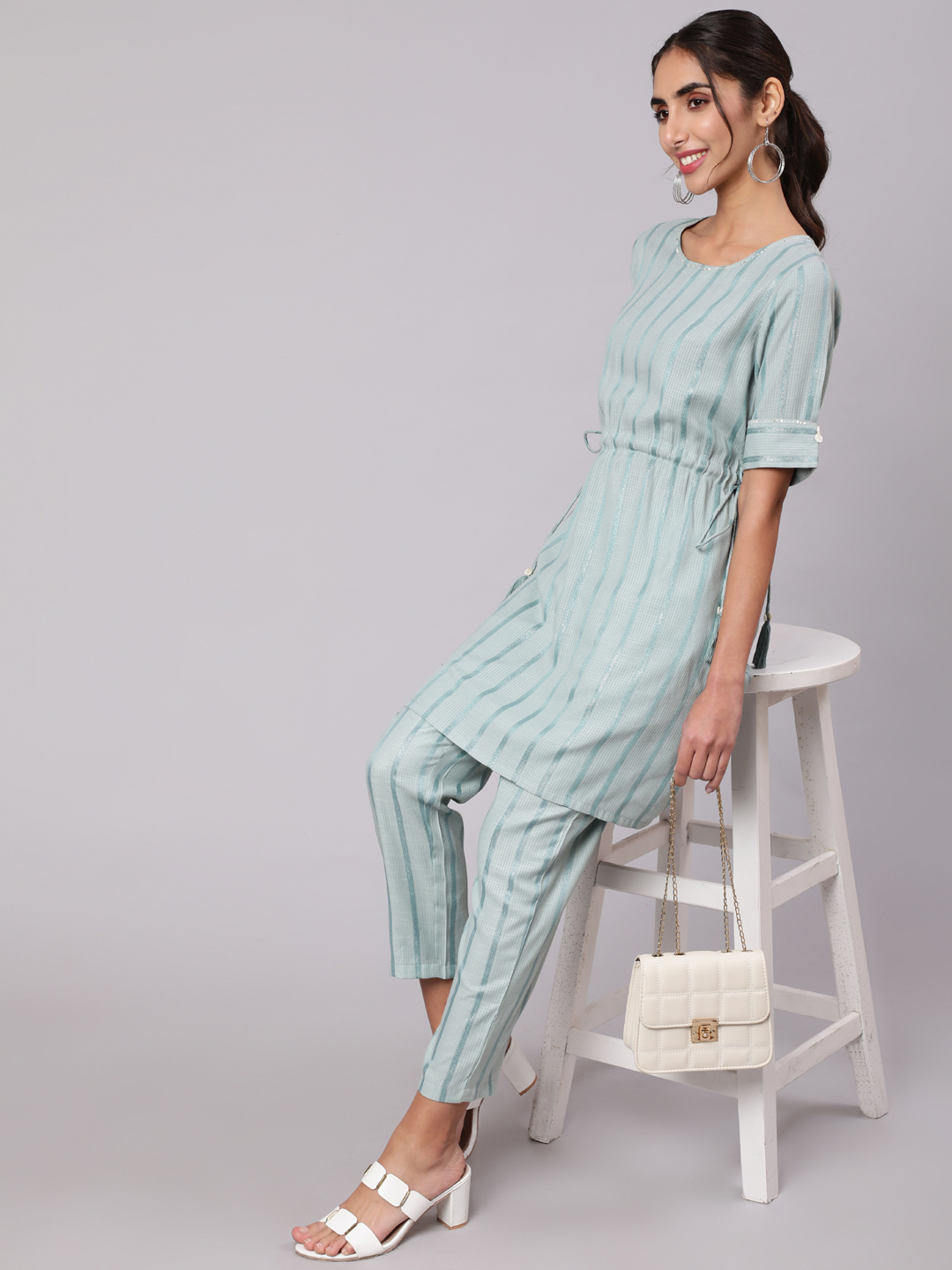 A Blue Rayon Self Weave Embellished Co-Ord Set With A Short Straight Kurta And Straight Pants