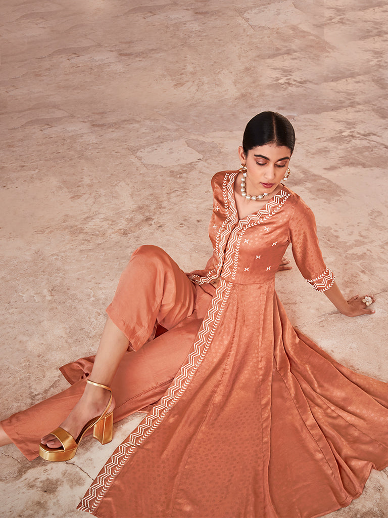 Peach Jaquard Hand Embroidered Anarkali Flared Kurta With Solid Palazzo