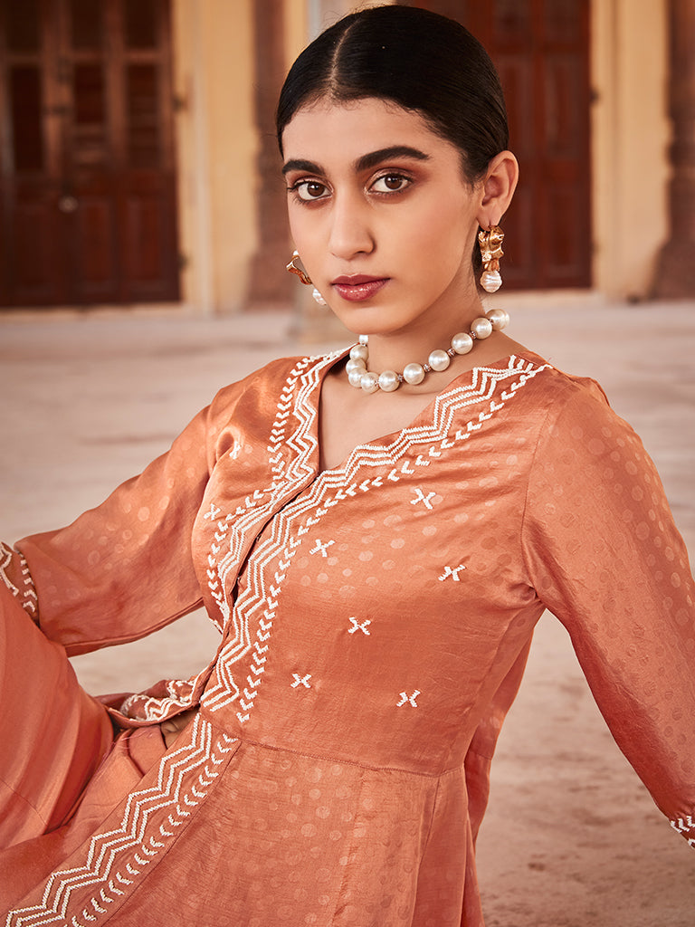 Peach Jaquard Hand Embroidered Anarkali Flared Kurta With Solid Palazzo