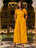Yellow Solid Cotton Casual Jumpsuit With Two Side Pockets