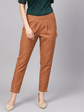 Light Brown Solid Cotton Slub Straight Pants