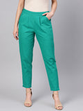 Aqua Green Solid Cotton Slub Straight Pants