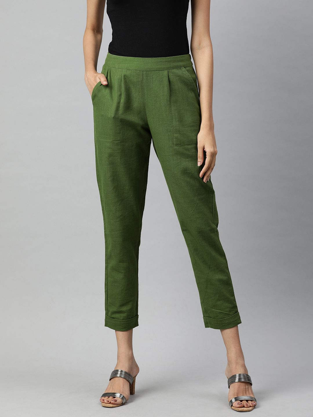 Shop Olive Solid Cotton Slub Pants