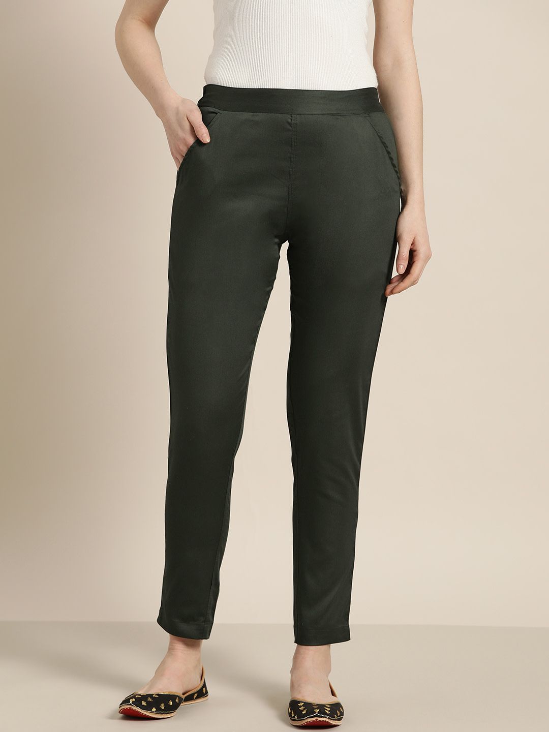 Shop Dark Olive Green Cotton Lycra Pant