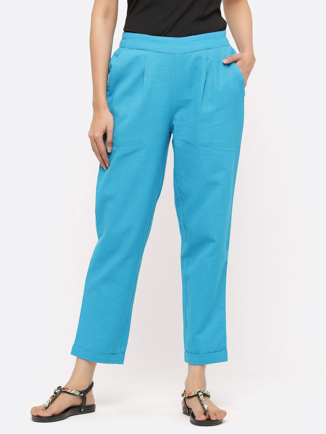 Shop Turquoise Solid Cotton Slub Pants