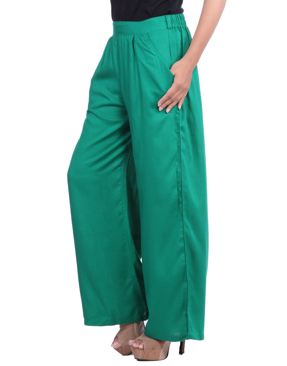 Bottle Green Solid Rayon Palazzo