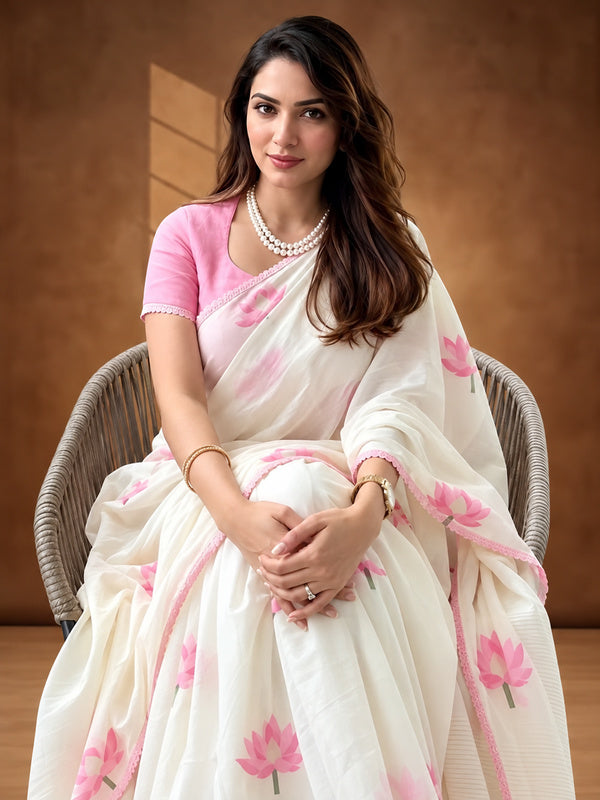 Floral Linen Blend Saree with Unstiched Blouse