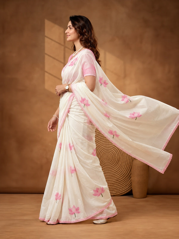 Floral Linen Blend Saree with Unstiched Blouse