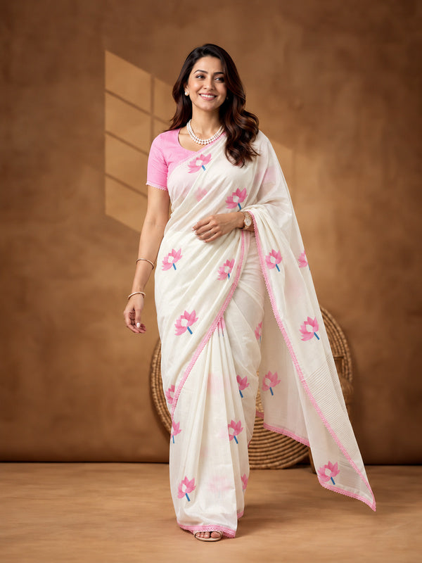 Floral Linen Blend Saree with Unstiched Blouse