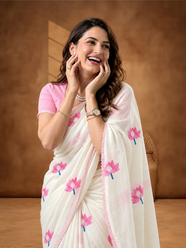 Floral Linen Blend Saree with Unstiched Blouse