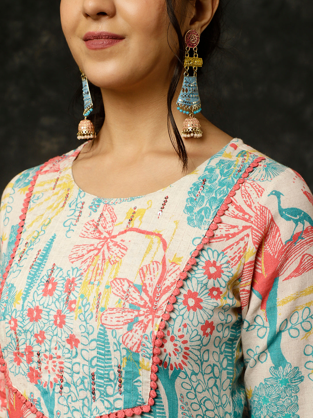 Coral Kantha Work Printed Straight Kurta With Palazzo