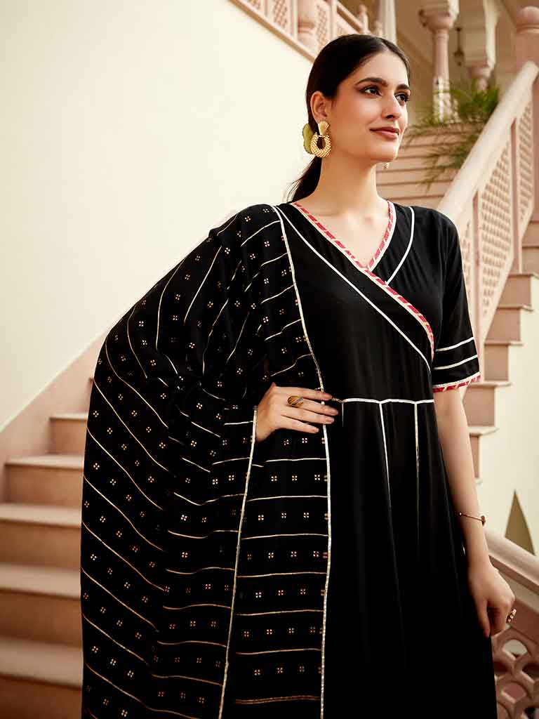 Rayon Solid Black Gota Embellished Anarkali Kurta With Chanderi Dupatta