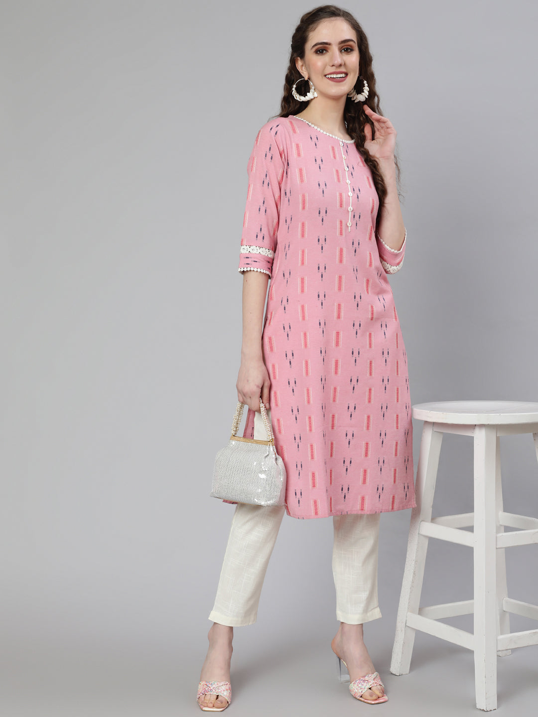 Pink Self Weaved Straight Kurta With Lace Detail