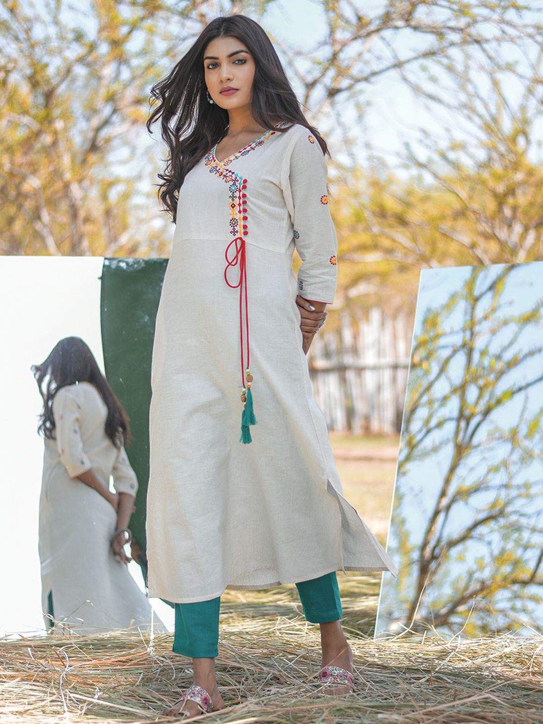 Off-White Embroidered A-Line Cotton Kurta