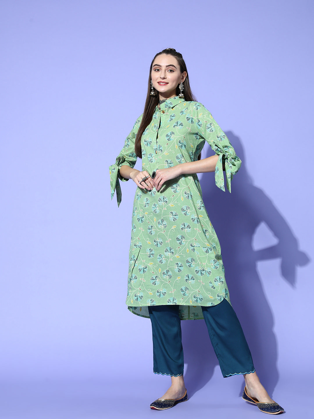 Green Floral Cotton Printed Kurta With Tie-Up Sleeves And High-Low Hemline