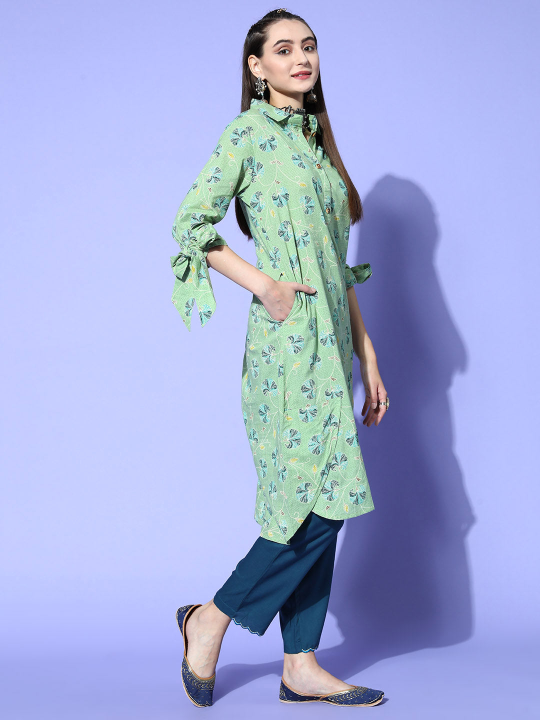 Green Floral Cotton Printed Kurta With Tie-Up Sleeves And High-Low Hemline