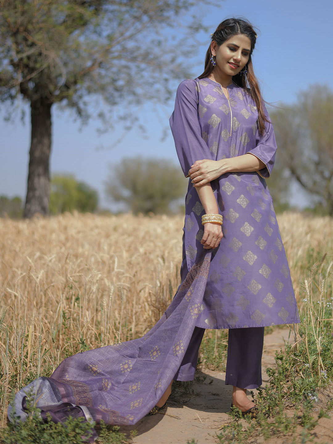 Mauve Gold Printed Straight Kurta With Palazzos & Printed Dupatta