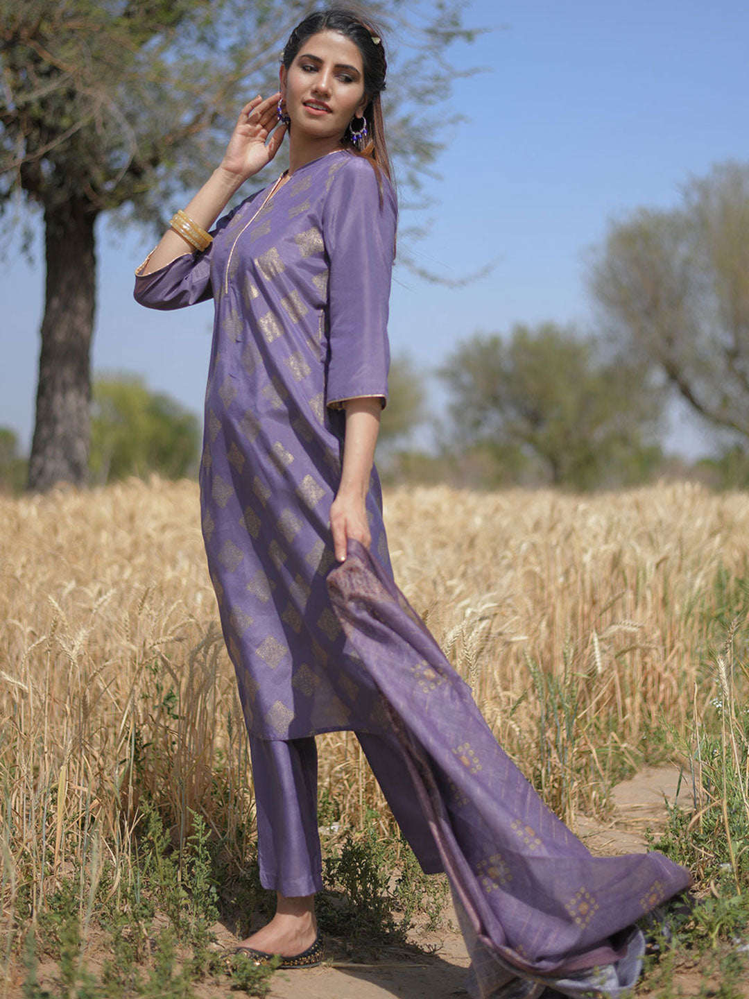 Mauve Gold Printed Straight Kurta With Palazzos & Printed Dupatta