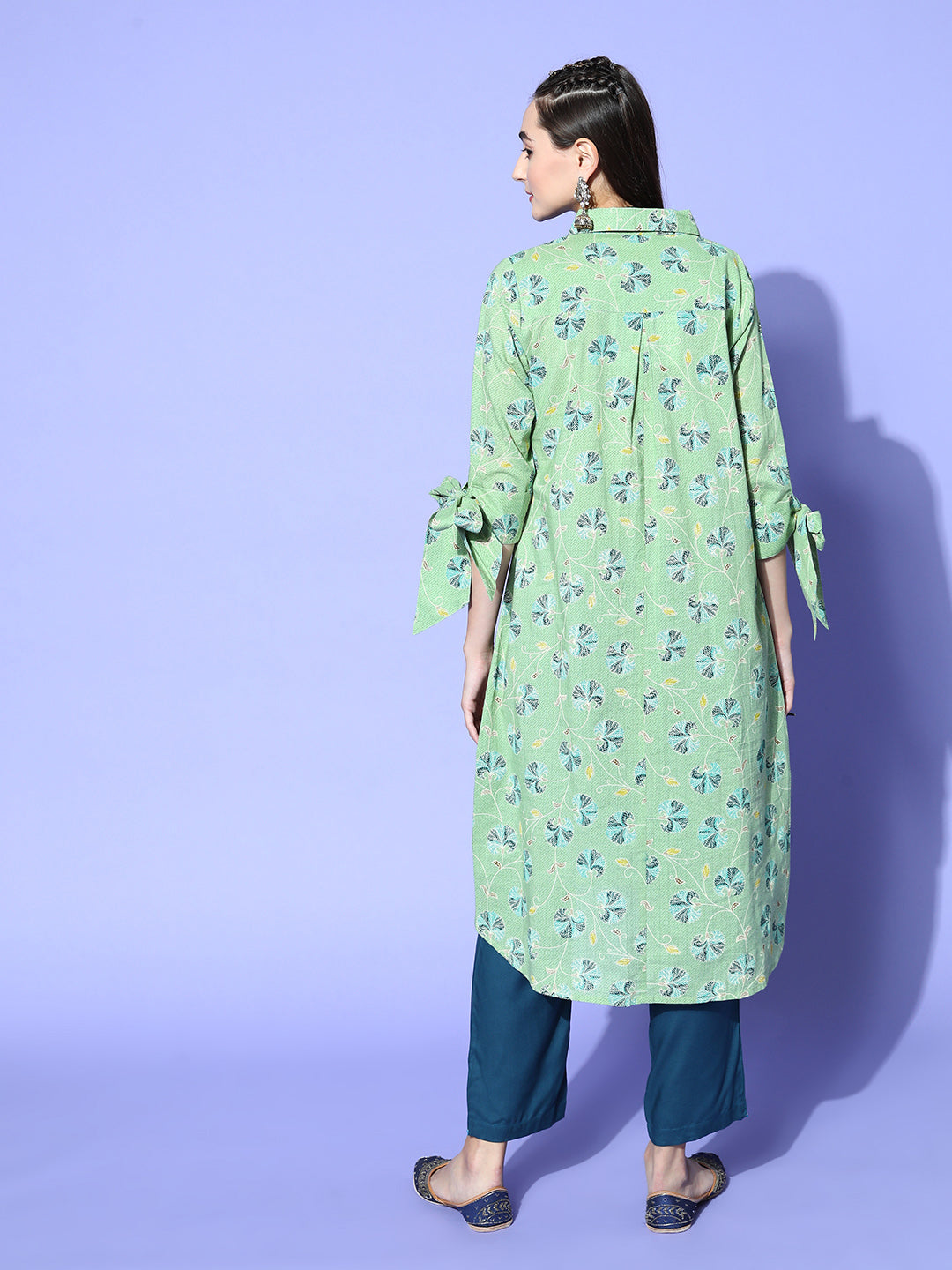 Green Floral Cotton Printed Kurta With Tie-Up Sleeves And High-Low Hemline