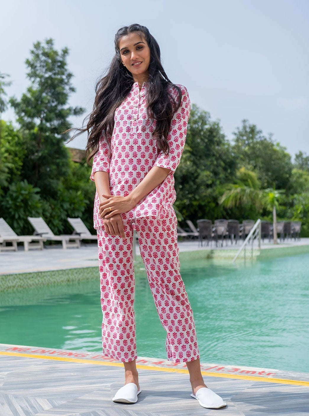 White Ethnic Print Cotton Loungewear Set With Side Pocket