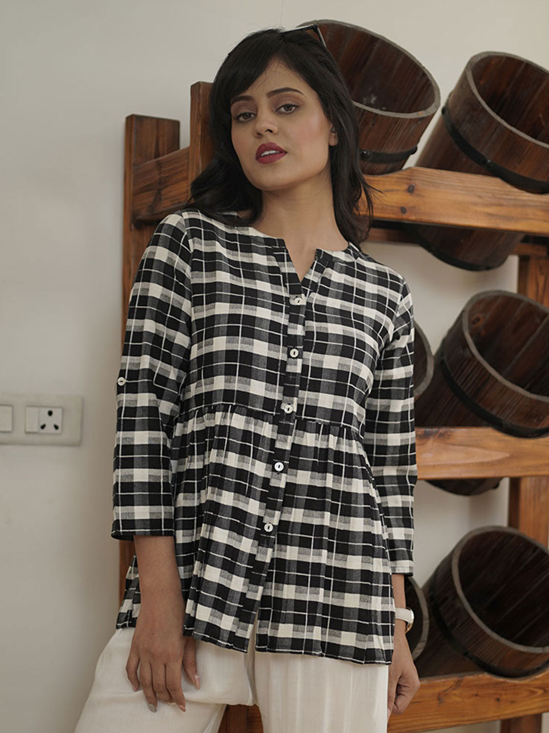 Checked Cotton Shirt With Gathered Detail