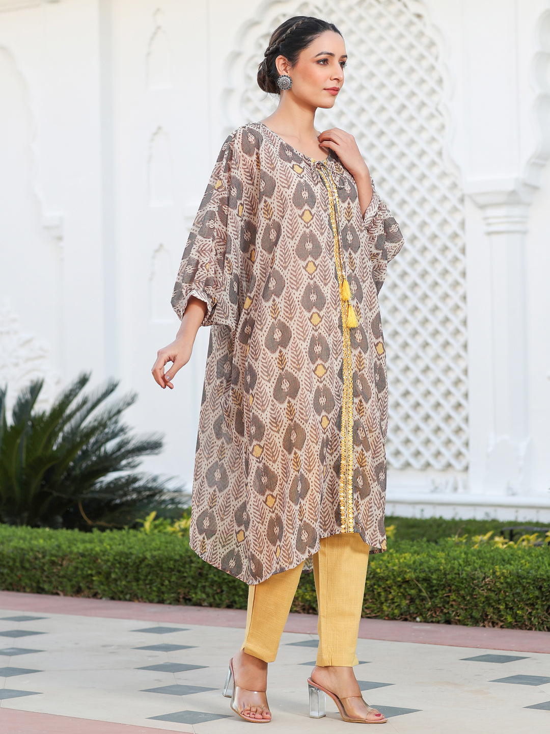 Multi Color Mirror Work Embroidered Georgette Kaftan With Tassels And Slip