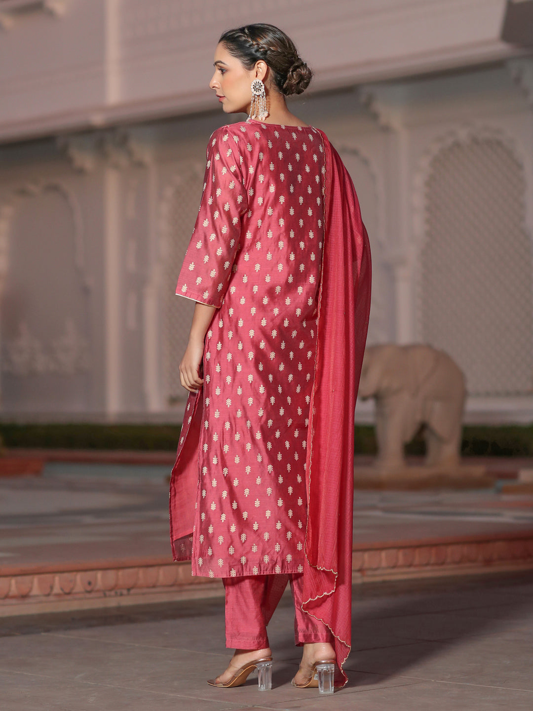 Gold Print Embellished Chanderi Red Kurta With Trousers And Kota Tissue Dupatta