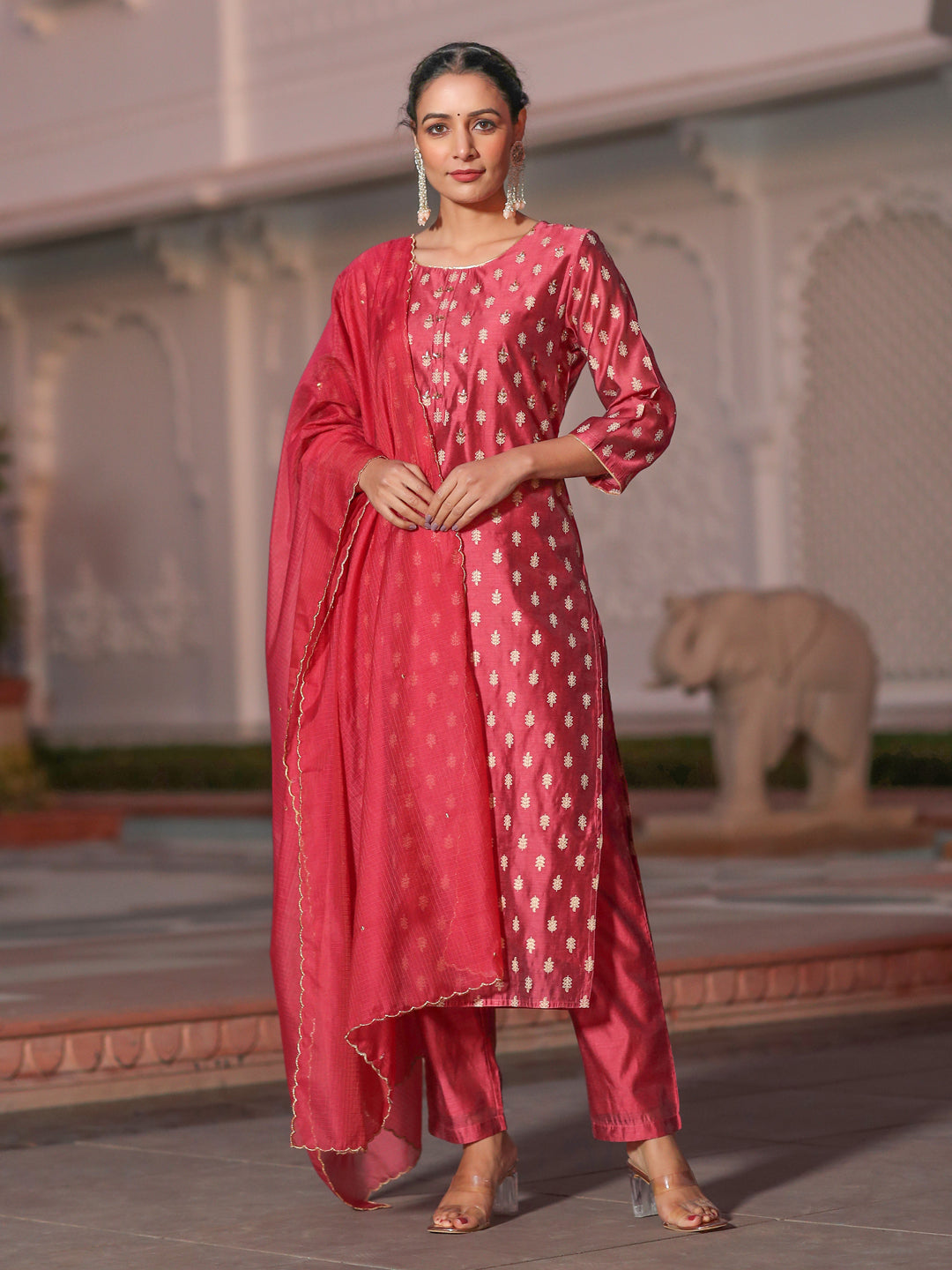 Gold Print Embellished Chanderi Red Kurta With Trousers And Kota Tissue Dupatta