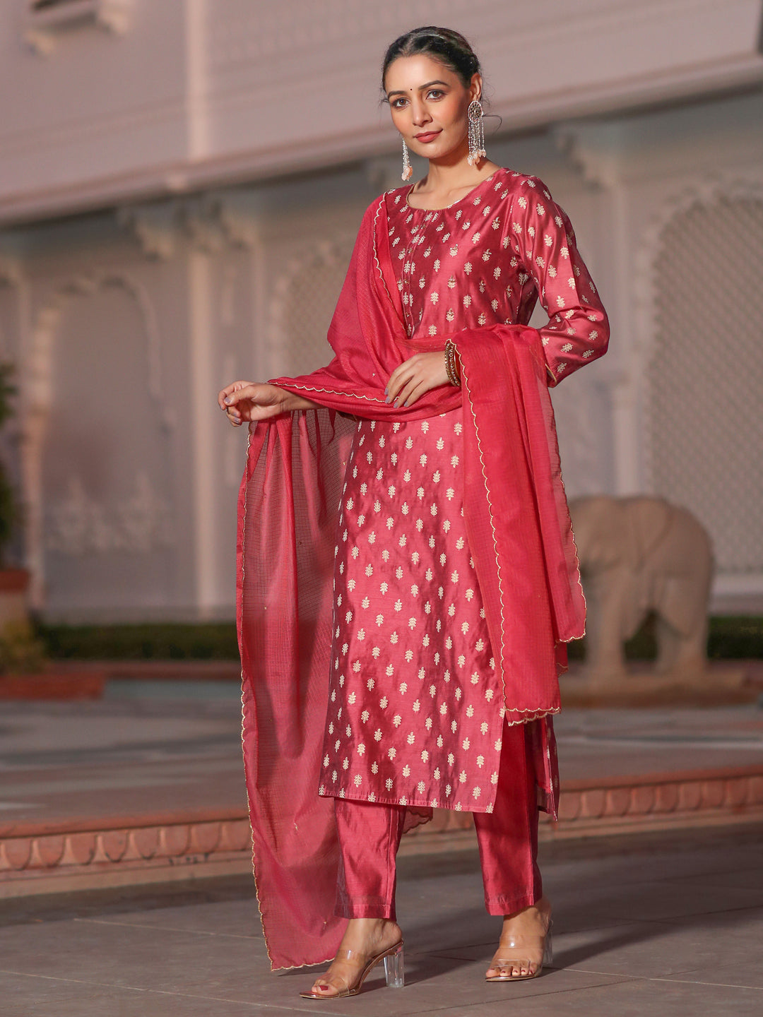 Gold Print Embellished Chanderi Red Kurta With Trousers And Kota Tissue Dupatta