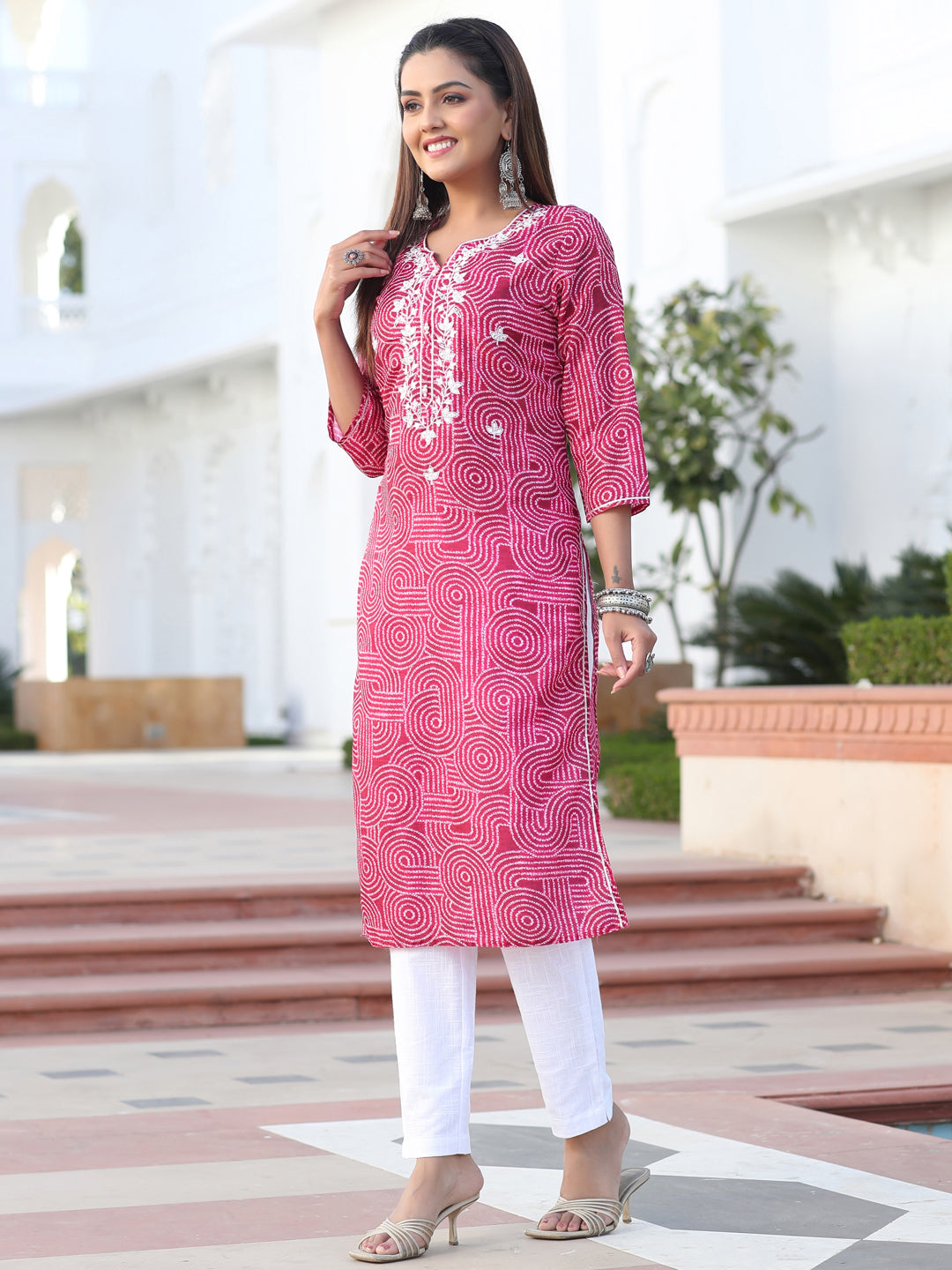 Red Mirror Work Embroidered Muslin Straight Kurta