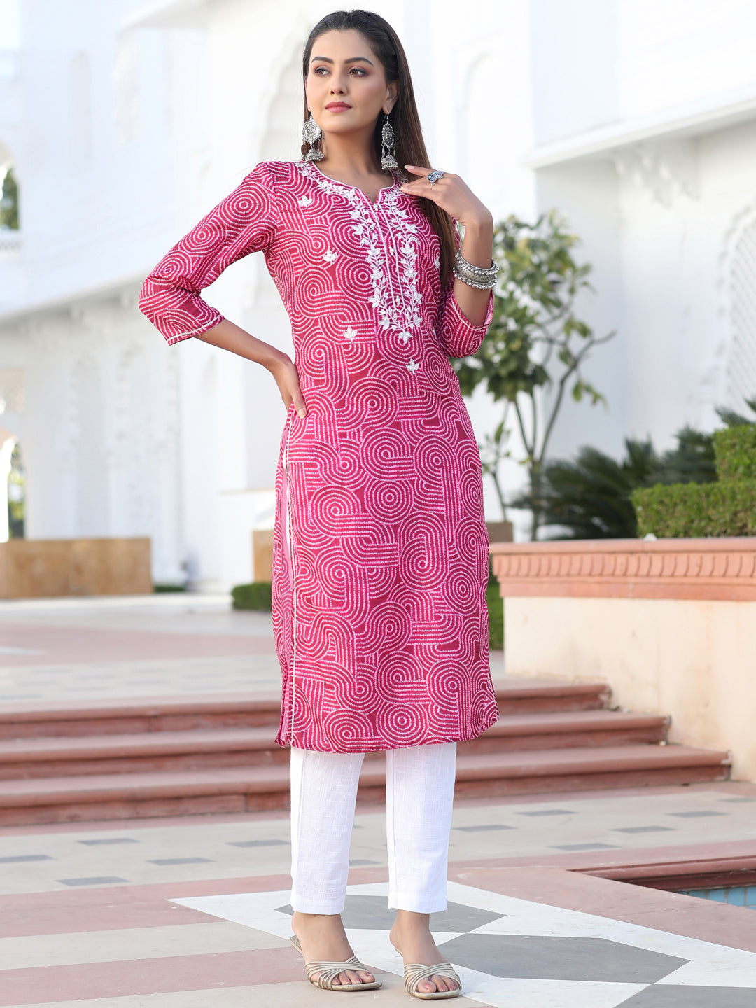 Red Mirror Work Embroidered Muslin Straight Kurta