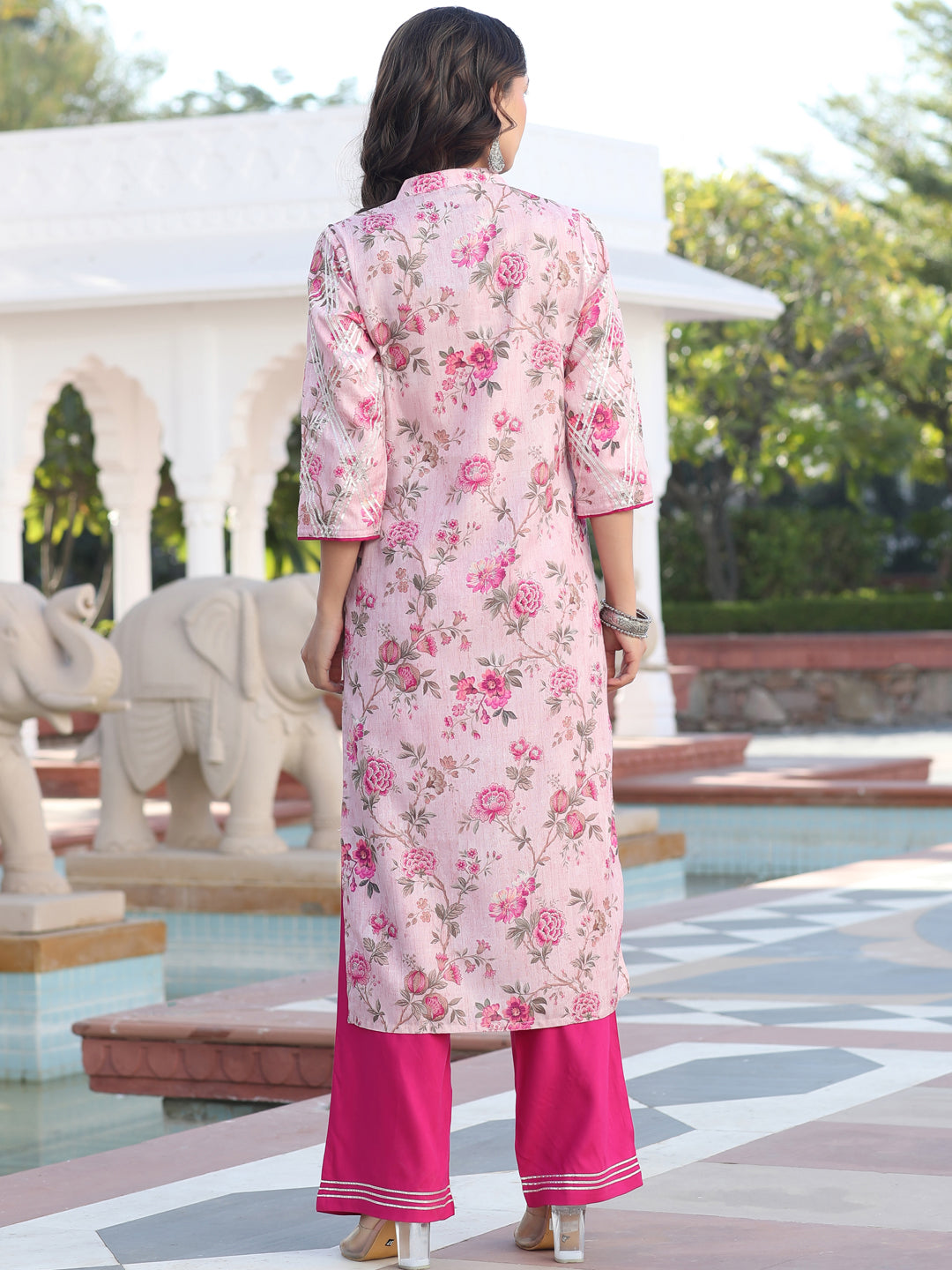 Magenta Cotton Slub Printed Embellished Kurta With Rayon Palazzo