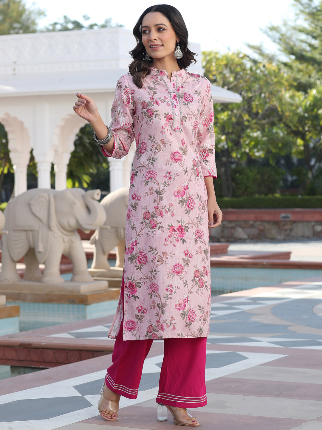 Magenta Cotton Slub Printed Embellished Kurta With Rayon Palazzo