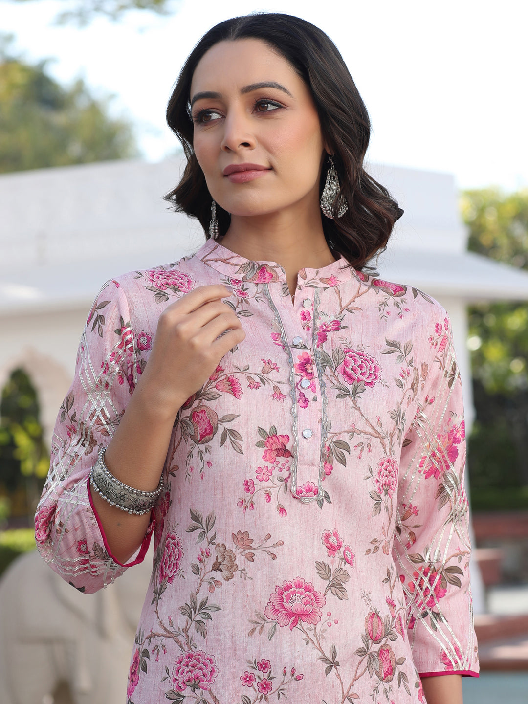 Magenta Cotton Slub Printed Embellished Kurta With Rayon Palazzo