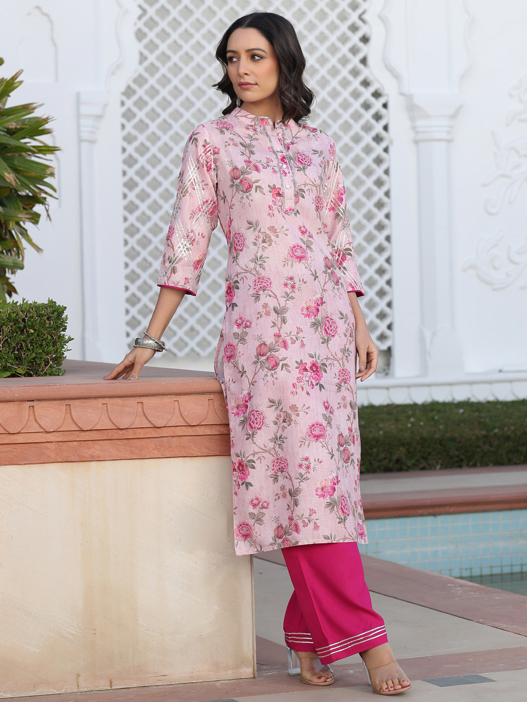 Magenta Cotton Slub Printed Embellished Kurta With Rayon Palazzo