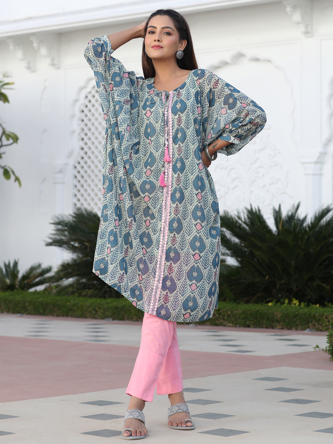 Multi Color Mirror Work Embroidered Georgette Kaftan With Tassels And Slip