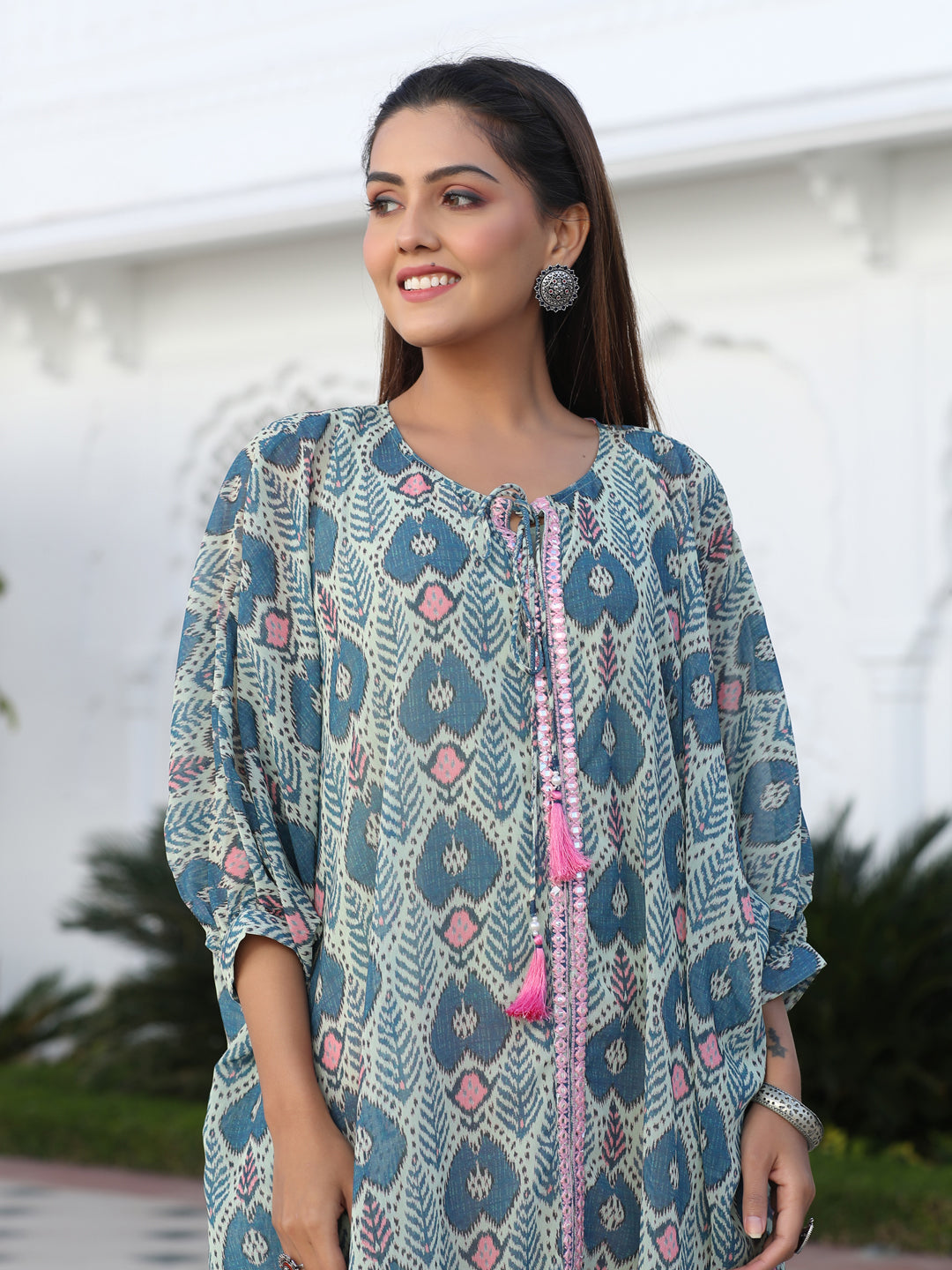 Multi Color Mirror Work Embroidered Georgette Kaftan With Tassels And Slip