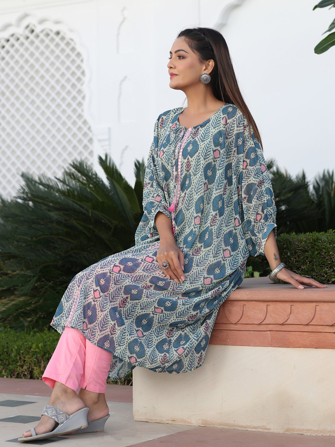 Multi Color Mirror Work Embroidered Georgette Kaftan With Tassels And Slip