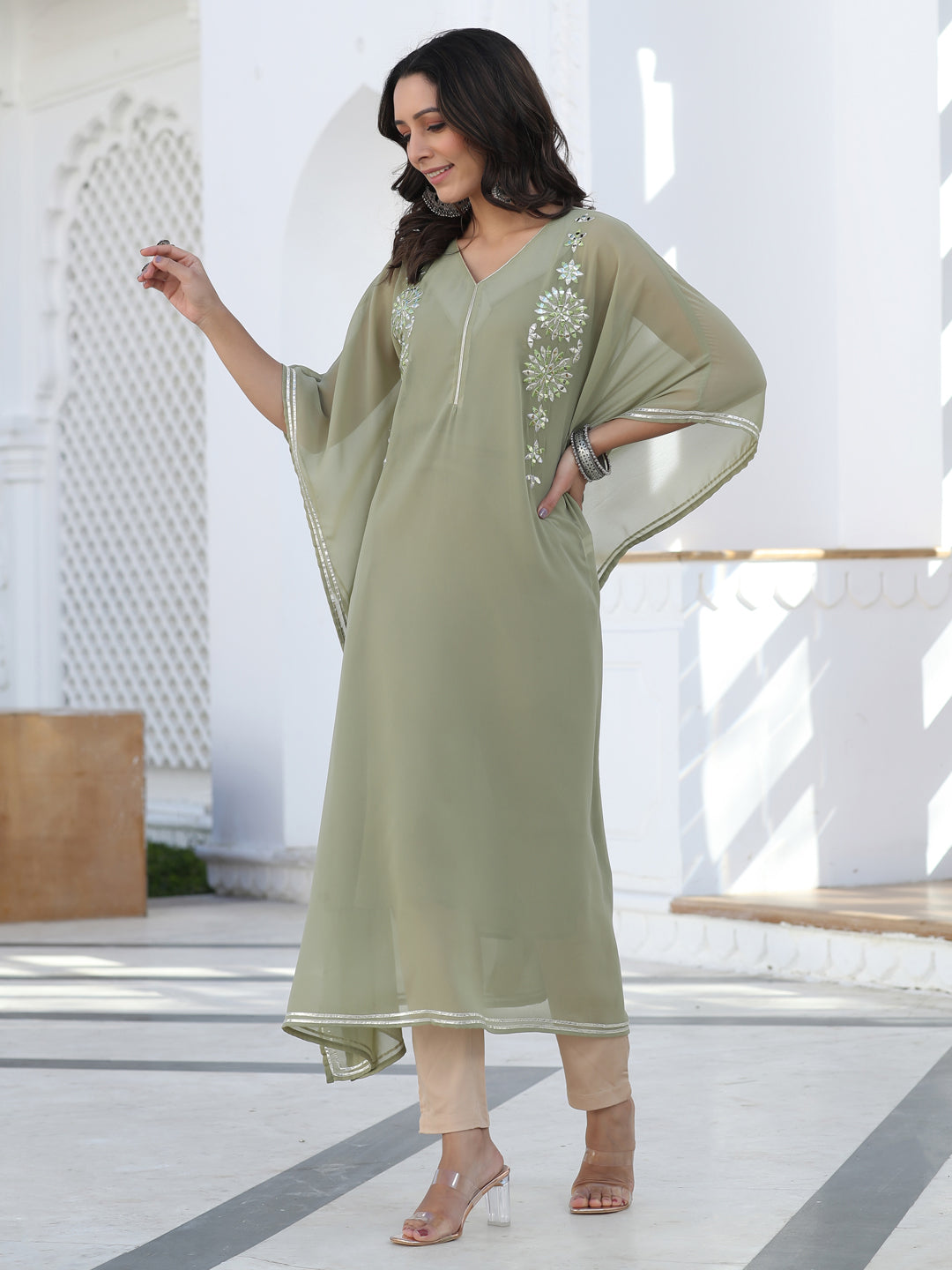 Green Georgette Mirror Work Gota Embellished Kaftan