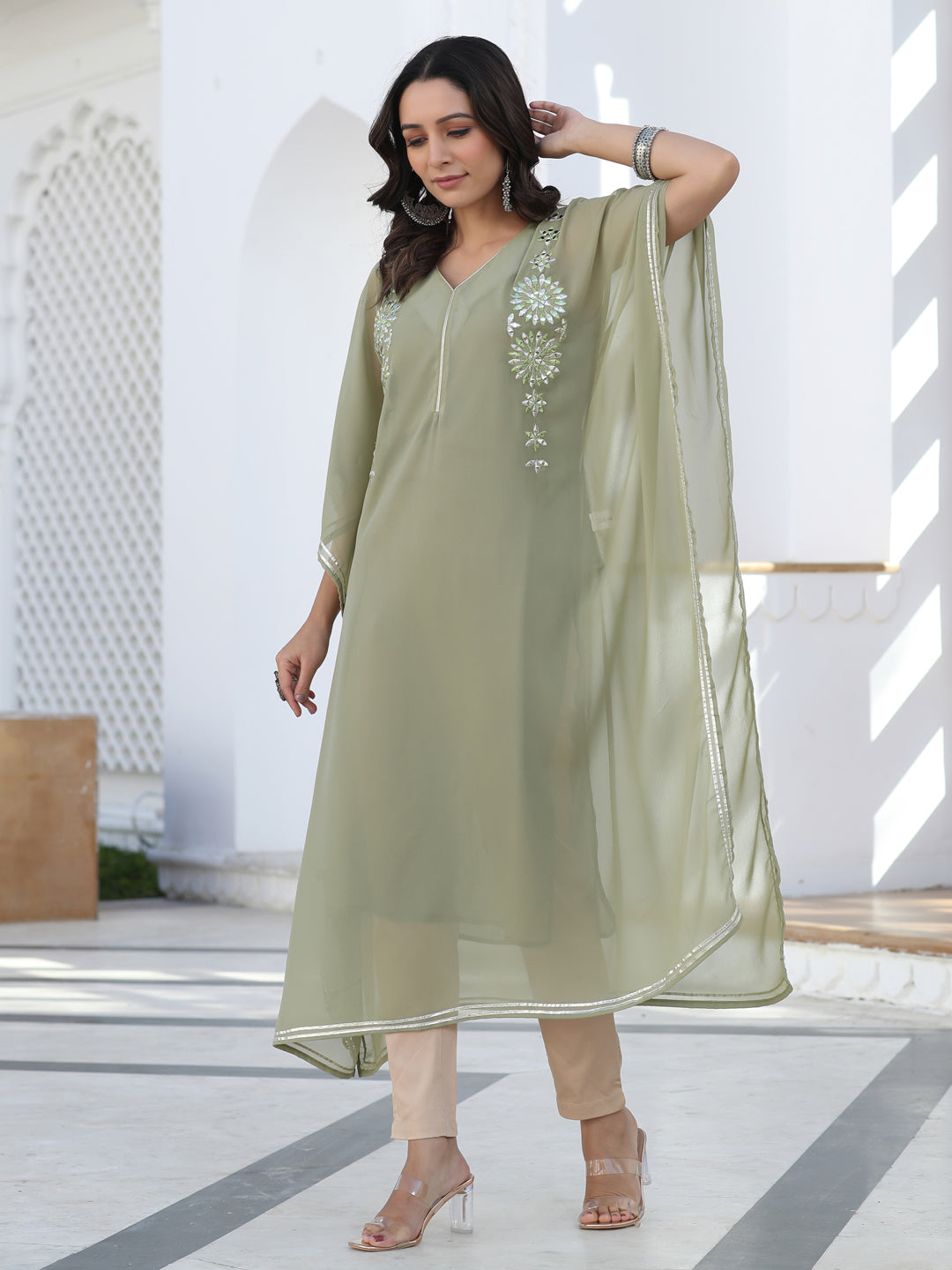 Green Georgette Mirror Work Gota Embellished Kaftan