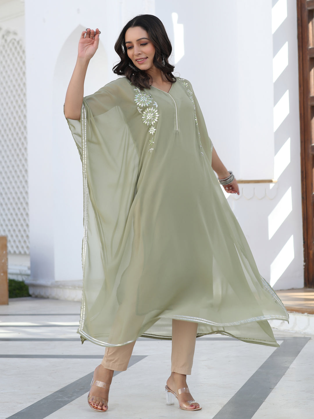 Green Georgette Mirror Work Gota Embellished Kaftan