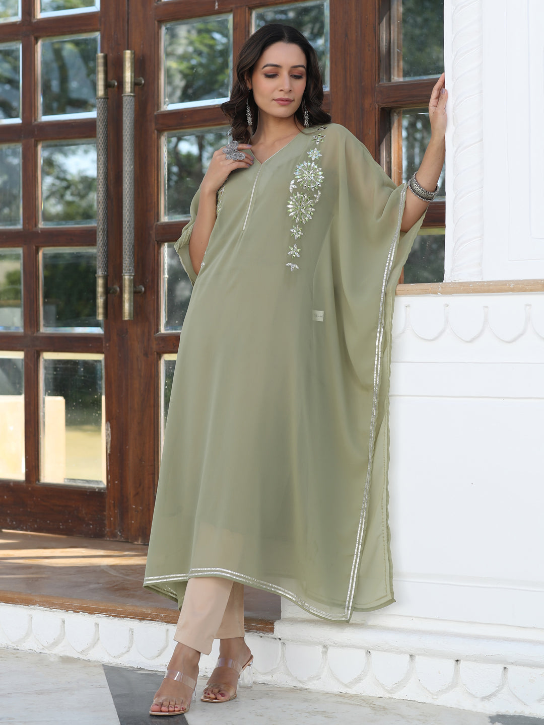 Green Georgette Mirror Work Gota Embellished Kaftan