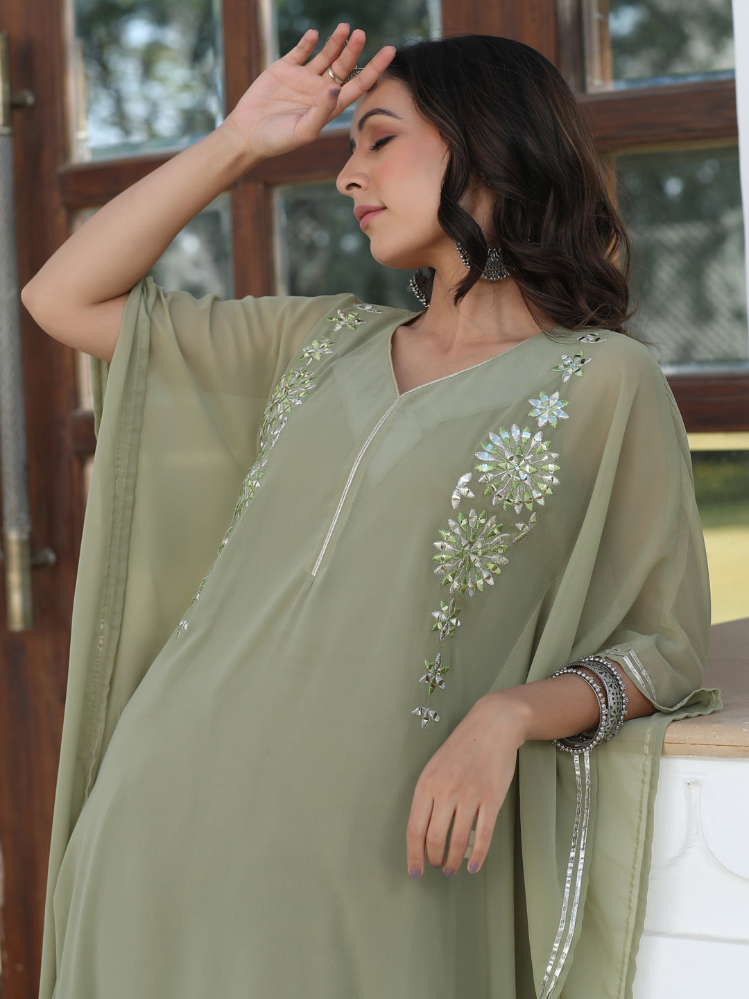 Green Georgette Mirror Work Gota Embellished Kaftan