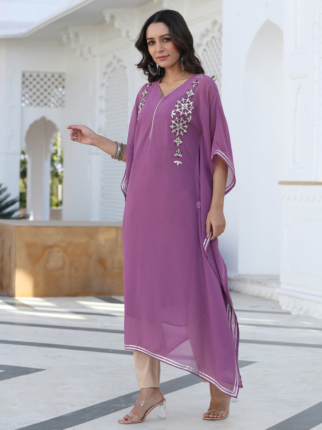 Purple Georgette Mirror Work Gota Embellished Kaftan