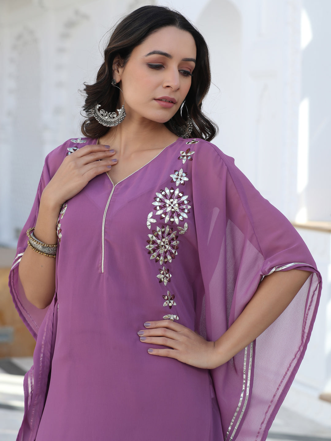 Purple Georgette Mirror Work Gota Embellished Kaftan