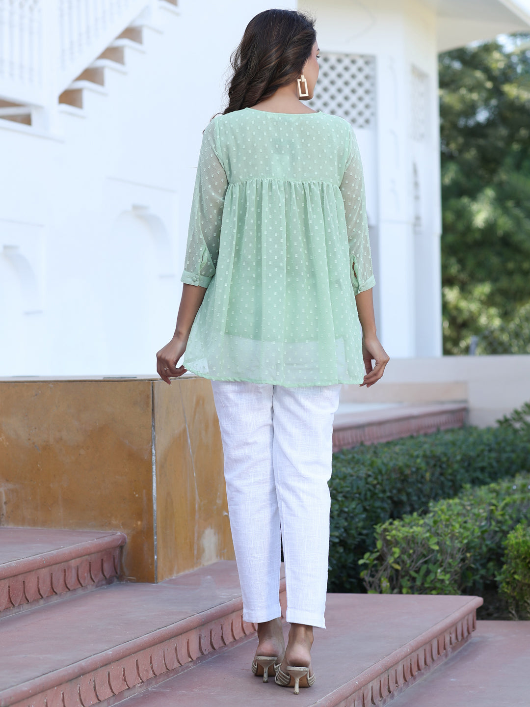 Green Chiffon Dobby Gathered Top With Flared Hemline