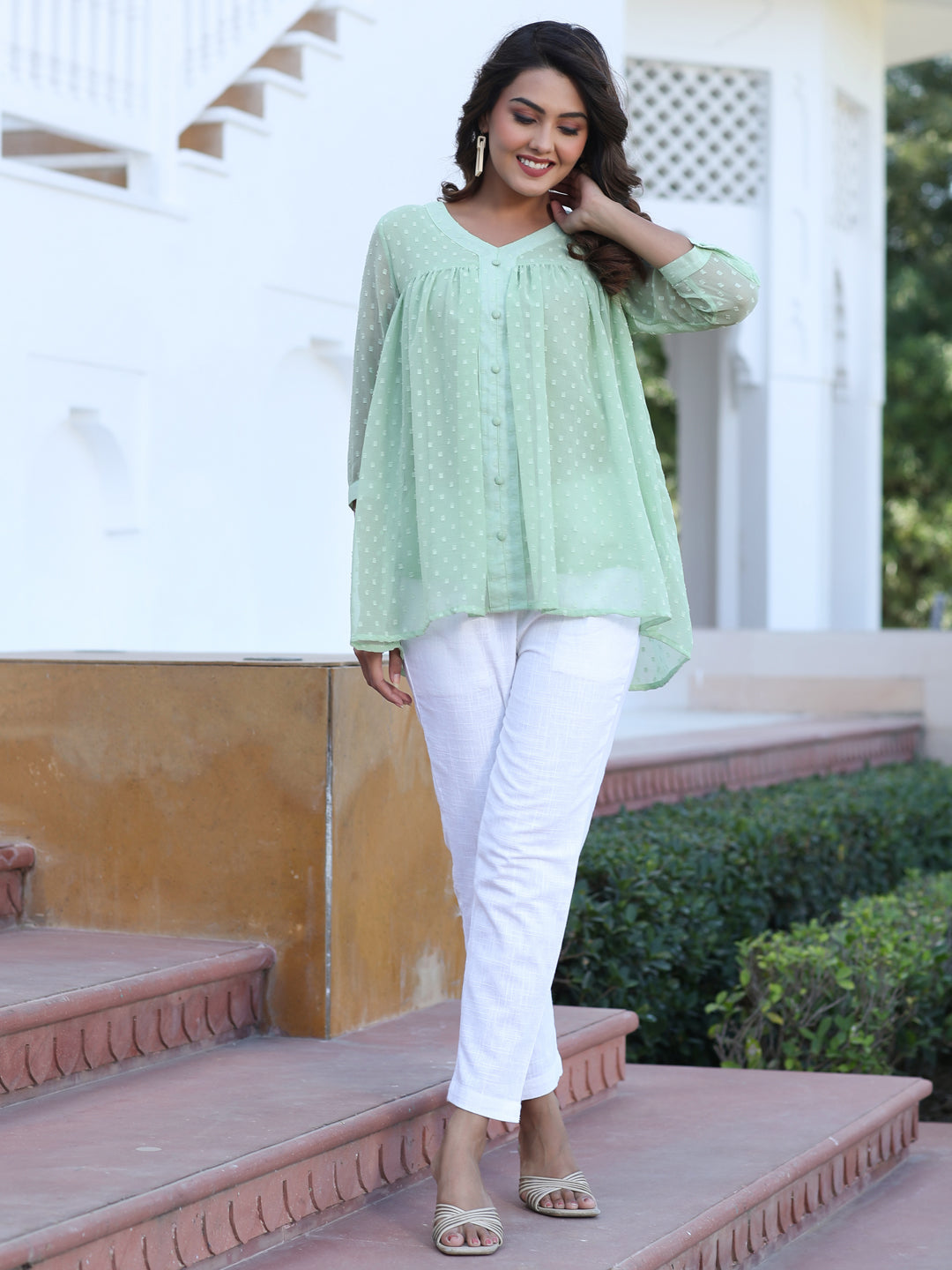 Green Chiffon Dobby Gathered Top With Flared Hemline